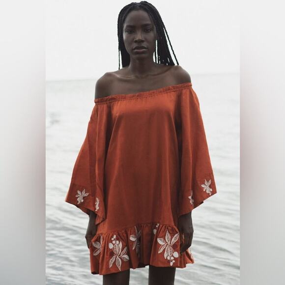 JUAN DE DIOS Mexico Lindo Linen Mini Dress Embroidered SIZE XS Terracotta - Picture 1 of 12